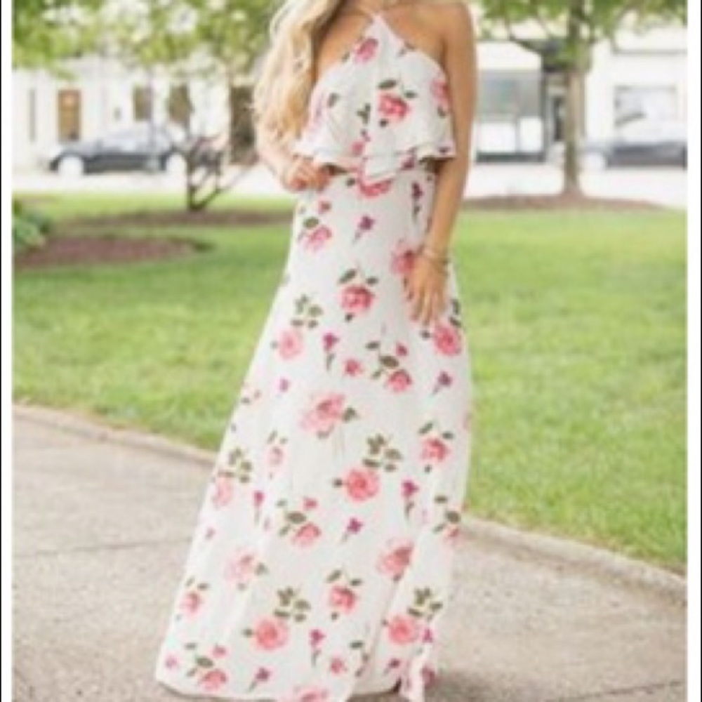 White and pink rose maxi dress, new with tags